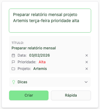 Campo de criação de tarefa no Planko detectando linguagem natural e atributos automaticamente