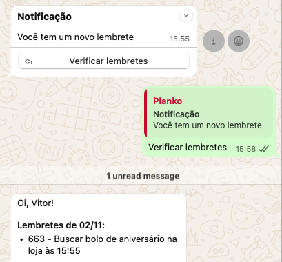Lembrete de tarefa recebido no WhatsApp pelo assistente do Planko