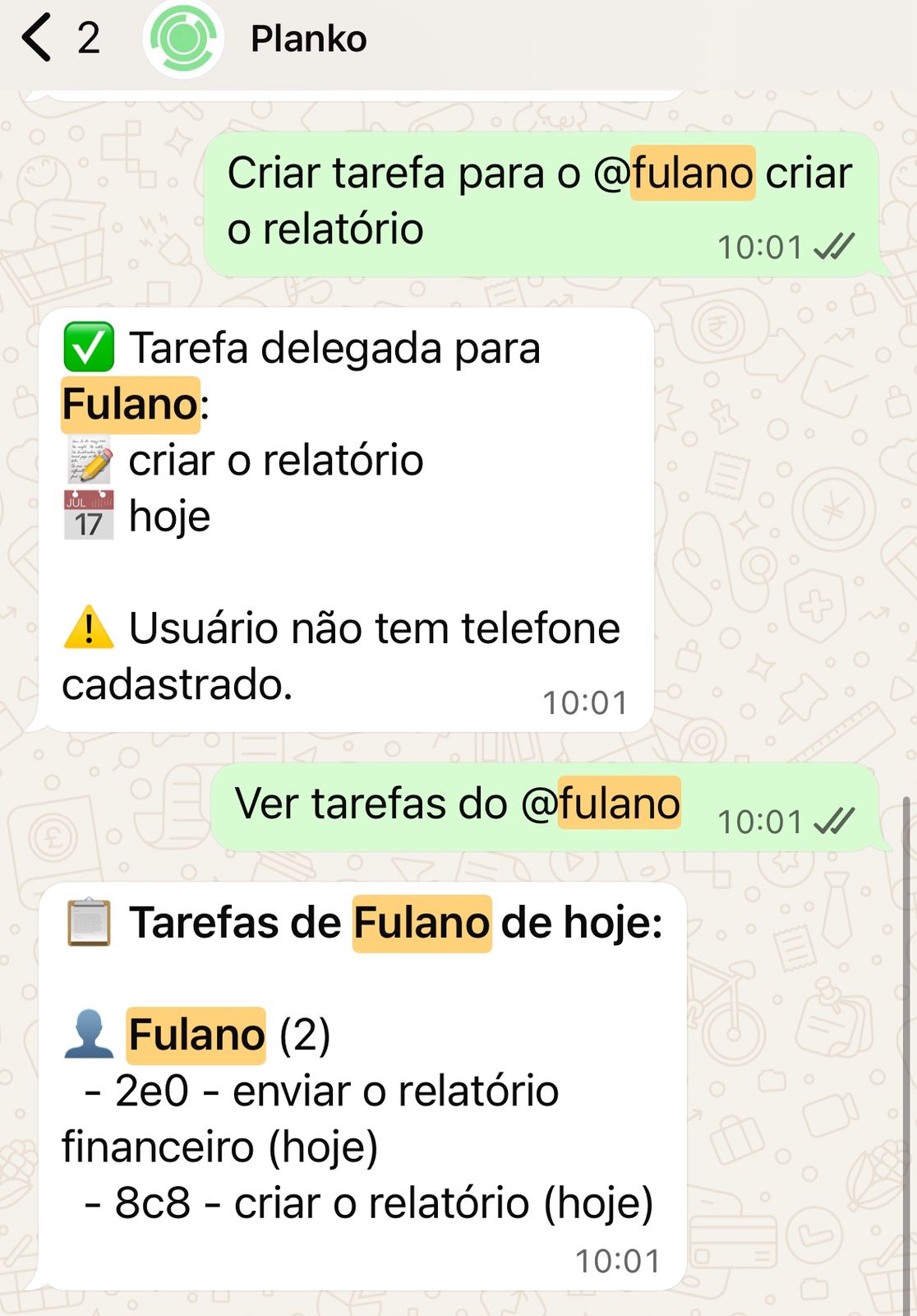 Tela do Planko com recursos de equipe integrados ao WhatsApp para delegação e acompanhamento
