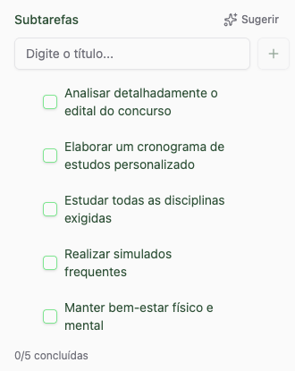 Tela do Planko mostrando sugestão de subtarefas por IA para dividir uma tarefa ampla em etapas menores