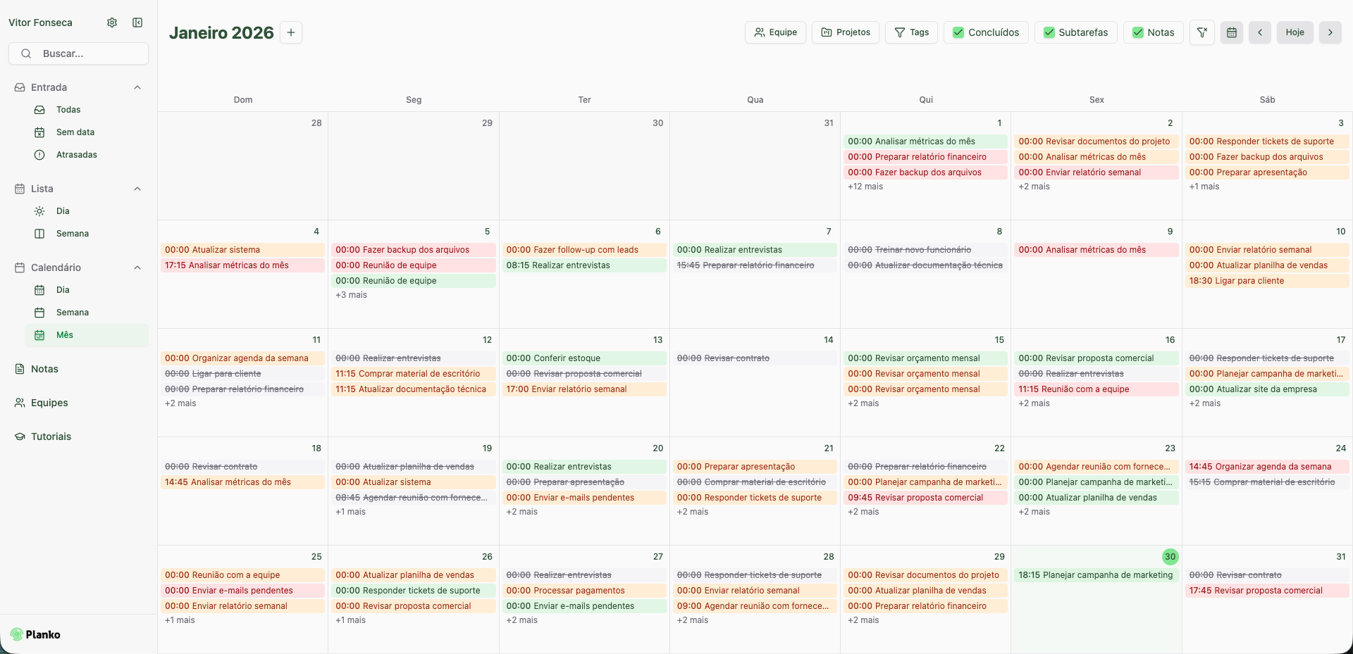 Visualização de calendário do Planko com tarefas e compromissos distribuídos ao longo da semana