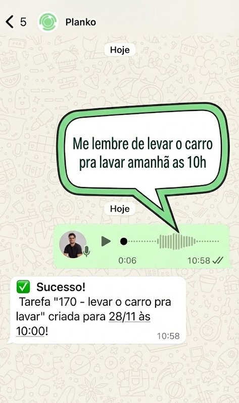 Exemplo do assistente do Planko no WhatsApp entendendo comandos de voz para criar tarefas